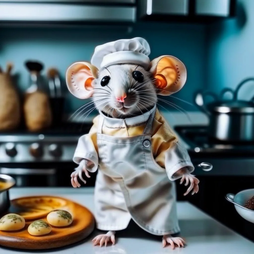 mouse Funny and cute in the shape of a sheep, wearing a cooking outfit that looks the same color as its skin, in the kitchen, cooking