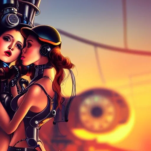 great illustrator, spanish, realistic rendering of a cute spanish girl kissing a sexy cybergirl, beautiful, steampunk style. Helmet with tubes. Machinery in the background. robotic bird flying. High details. 4k. unreal engine, sunset