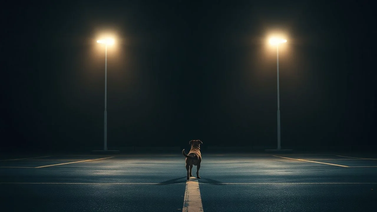 dog in a really dark mysterious photo of big empty indoors parking lot at day with bright lights near a forest with a feeling of isolation, a profound sense of being cut off or detached in a simple style with no signs of life