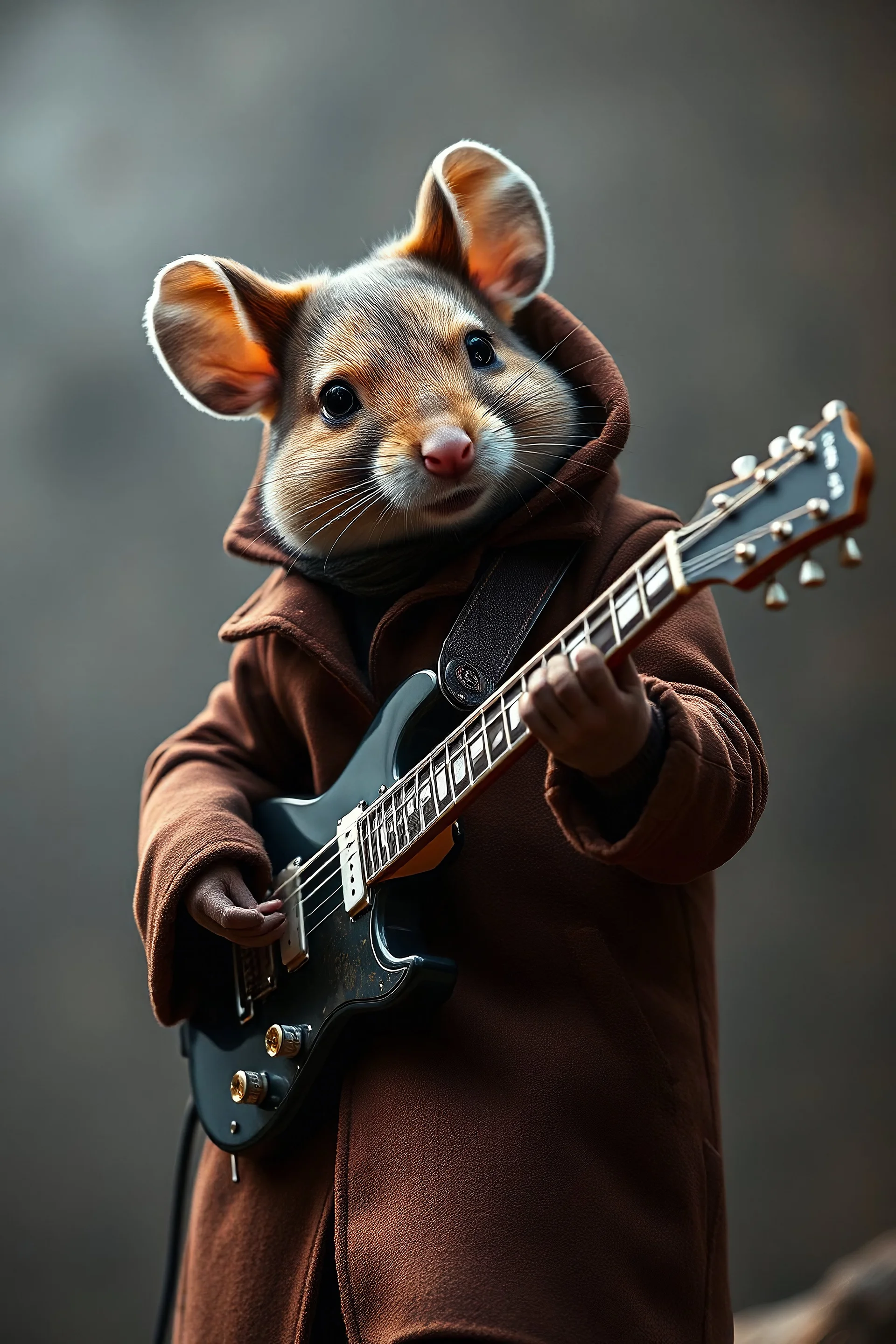 A mouse warring a black coat dressed brown coat, playing electric guitar