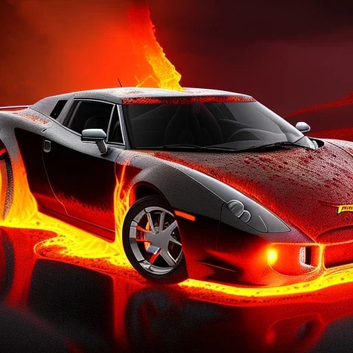 sweeping view of detailed phong shaded rendering of a car made of only molten lava, headlights, bumpers, whole car is lava