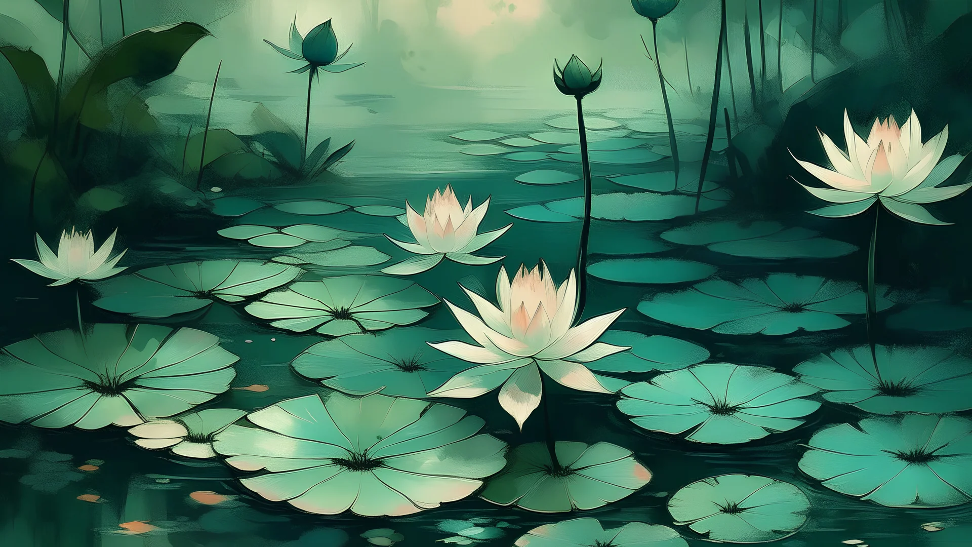 aesthetic, painterly style, lotus pool, dragonfly