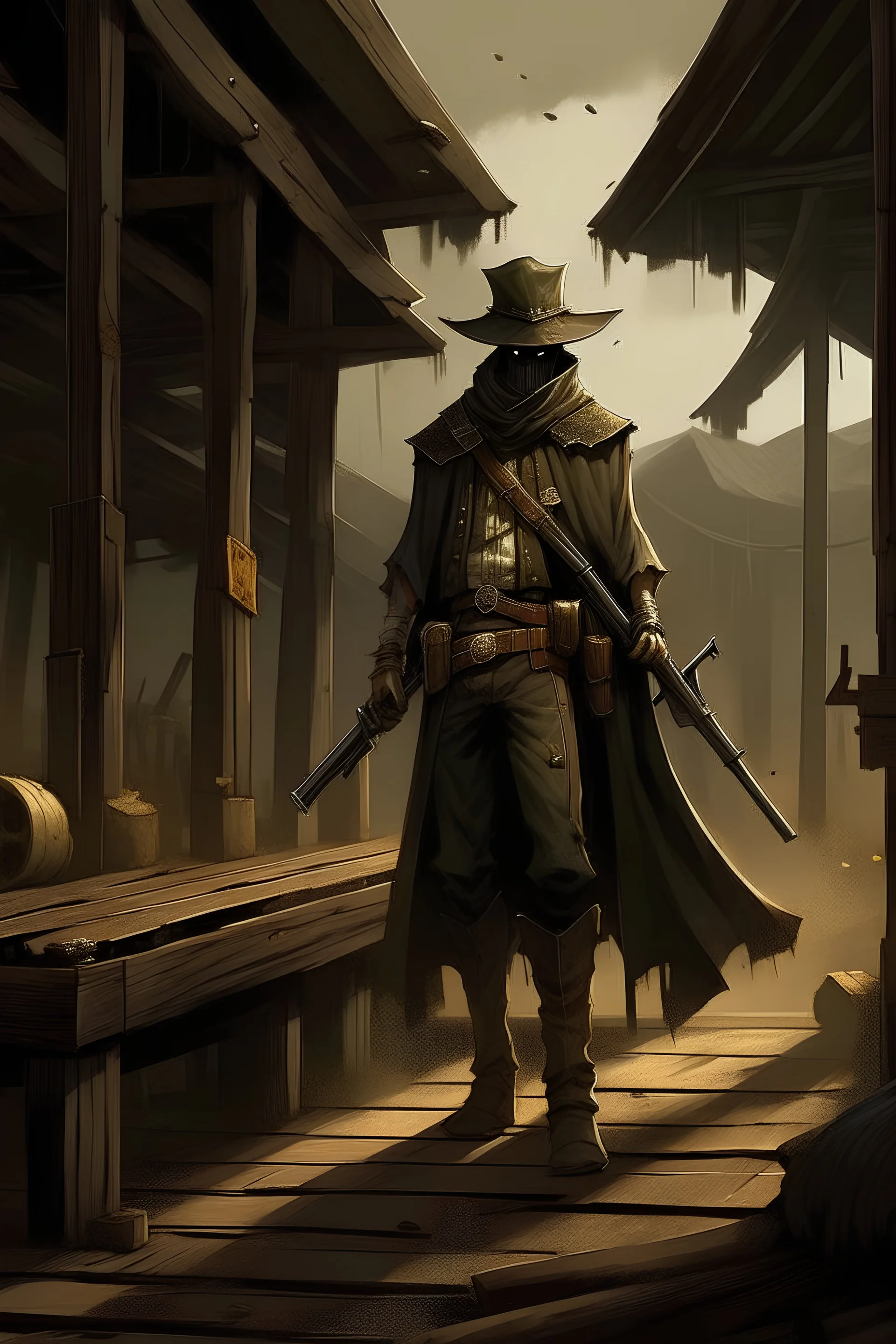 bounty hunter, pistol, sabre, long cape, standing on rotten planks, pilgrim hat,