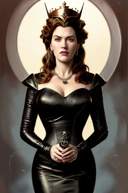 painting of kate winslet as evil queen in black leather gown, feminie, angry, stern look on her face, volouptous, busty, cleavage, emperious, mature, highly detailed, digital painting, artstation, concept art, smooth, sharp focus, illustration, art by gaston bussiere and alphonse mucha