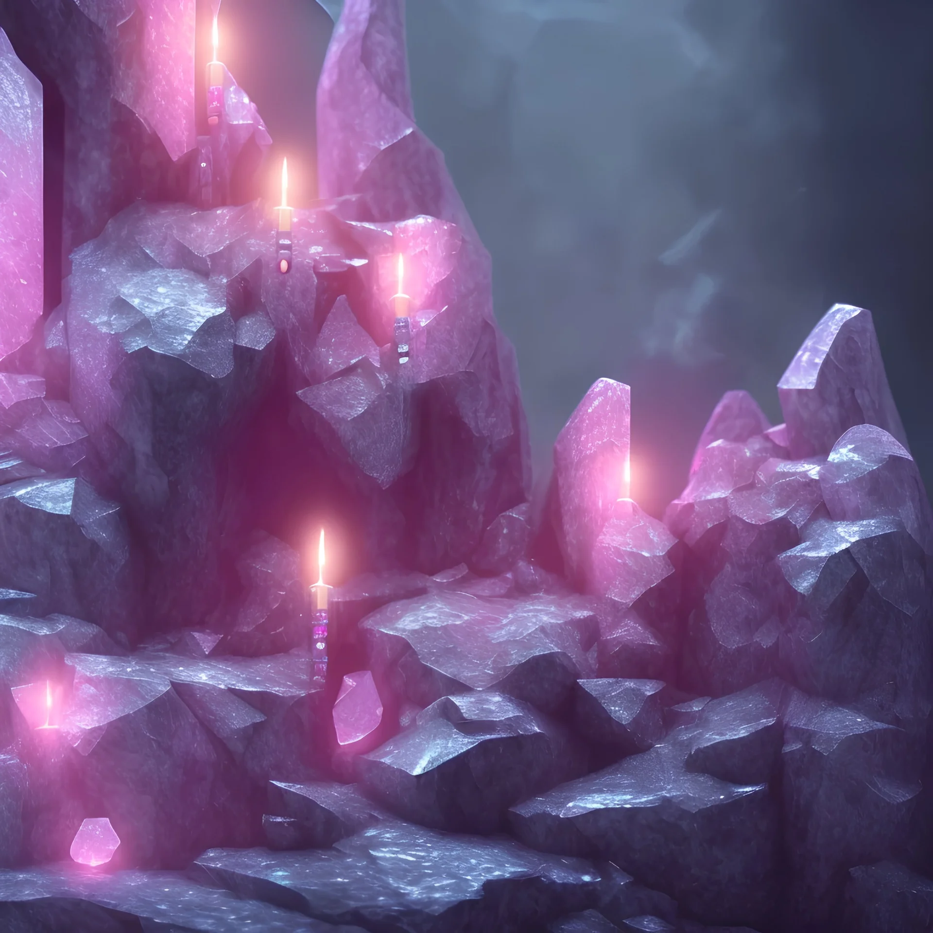 single pink crystal, on an altar in a foggy cave, cinematic,