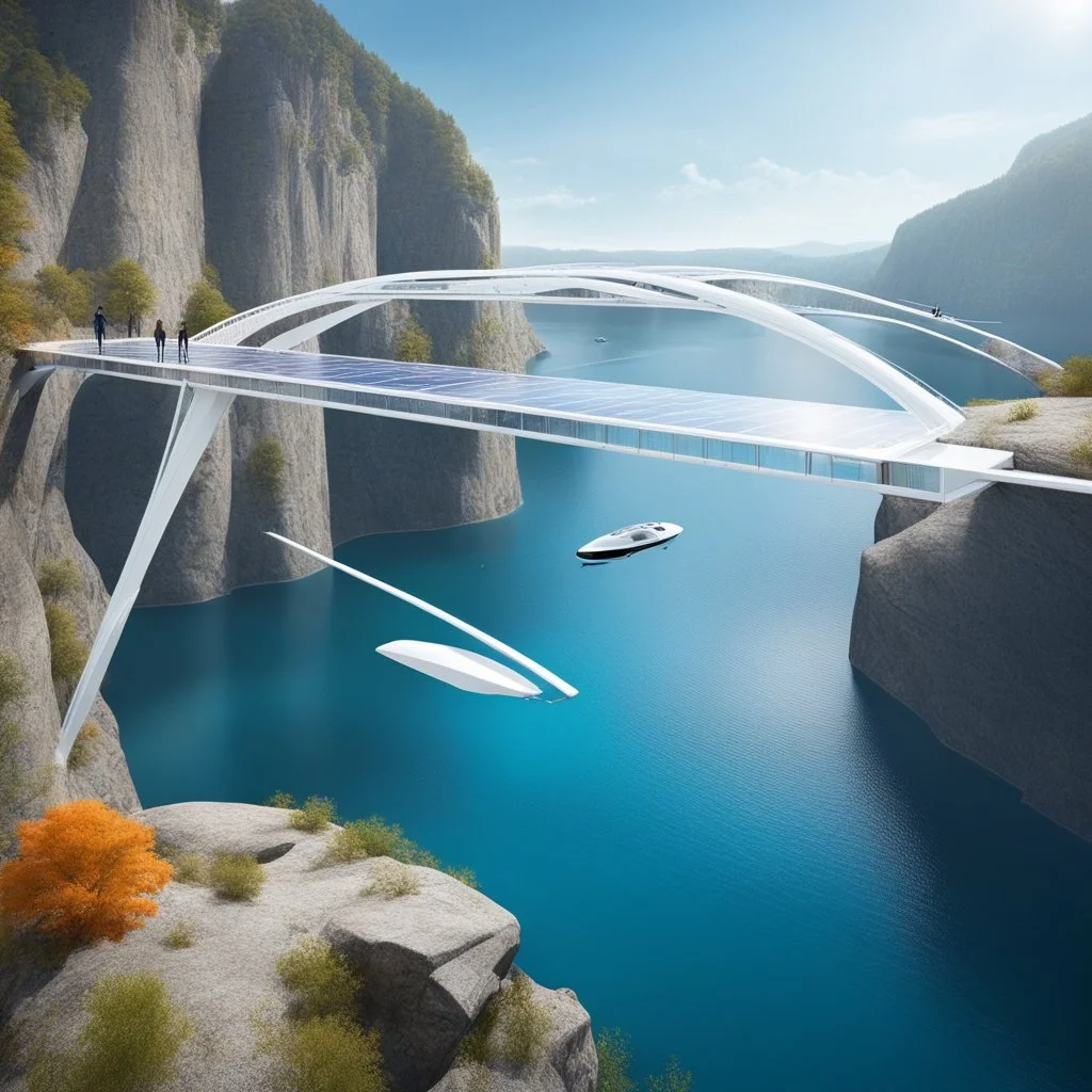 Transparent pedestrian bridge between two cliffs. It has solar panels installed. Below the bridge, autonomous underwater drones with sleek hulls and a solar panel on top retrieve trash from the lake. The drones have a hydrodynamic shape, are equipped with a robotic arm and camera to store plastic waste. The design is modern and innovative and reflects futuristic technologies for environmental protection.