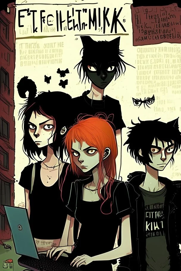 First plan: Black cat with three 13-15-year-old detectives - two good boys with red hair. One is tall and skinny, second is chubby and a girl with a punk look, dark clouds and brown hair, strong make-up. Second plan: a group of teenagers turned into computer-addicted zombies. Everything is located in an old town.