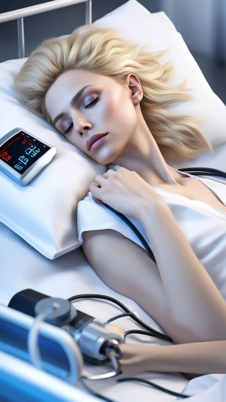 photorealistic hyperdetailed young woman with blonde hair lying asleep on a hospital bed with a heart monitor and tubes attached