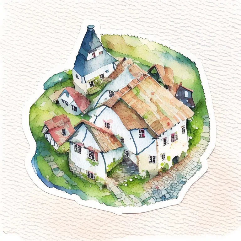 aerial view of a watercolour village house as a sticker