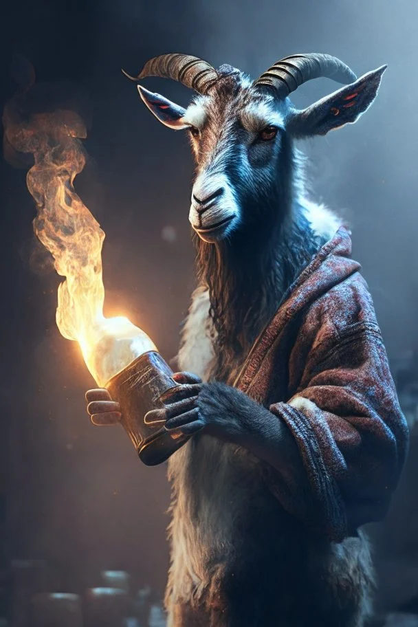 Thug goat holding Molotov, dramatic lighting, matte painting, highly detailed, cgsociety, hyperrealistic, --no dof, --ar 2:1