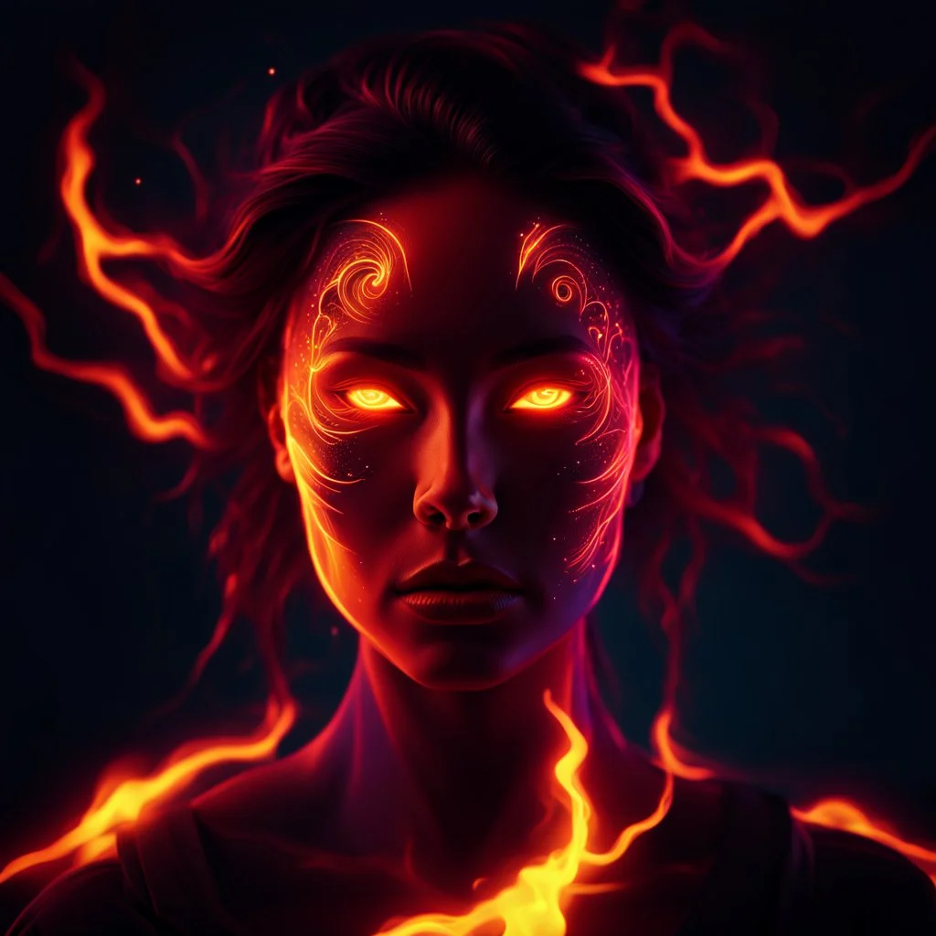 Cosmic dream face, woman, neon, abstract, amazing shadow and lightning, 4k, cinematic, glowing eyes, cosmic, face, dream, space, stars, amazing, art, glowing, fire