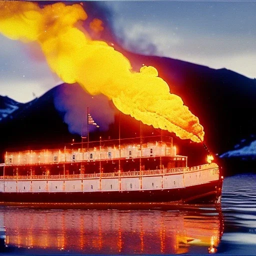 White sternwheeler steamboat On fire winter alaska, nenana