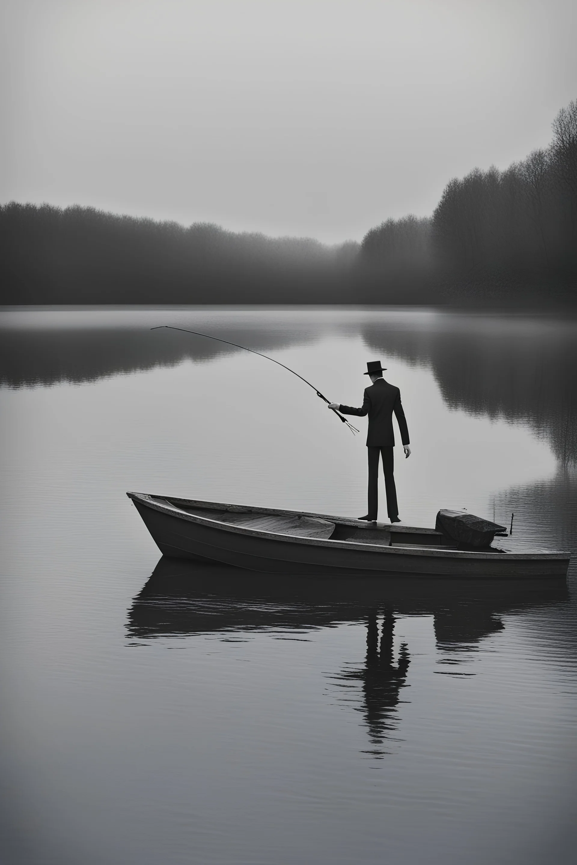 slender man in the middle of a lake on a boat fishing