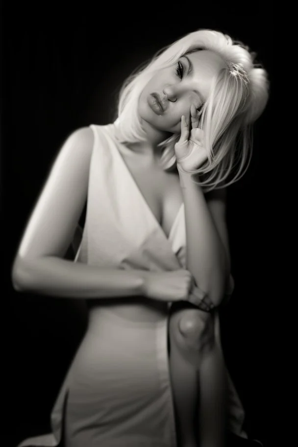 Mujer rubia mirando con la cabeza baja hacia su derecha iluminada, retrato medio cuerpo, iluminada potentemente desde el lado derecho, blanco y negro vaporoso, al estilo del fotógrafo Hugo Alonso