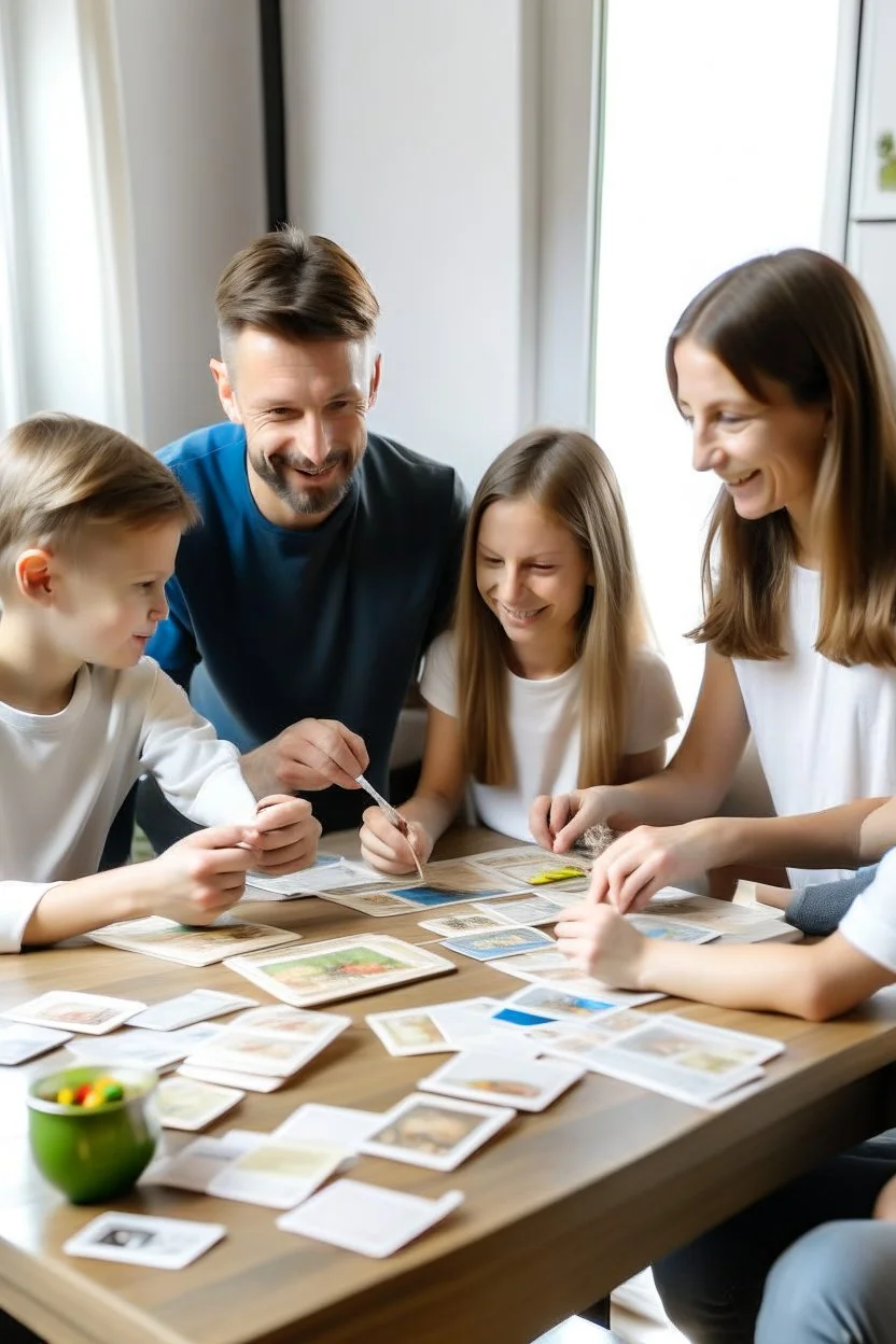 image d’une famille jeune autour d’une table avec des cartes