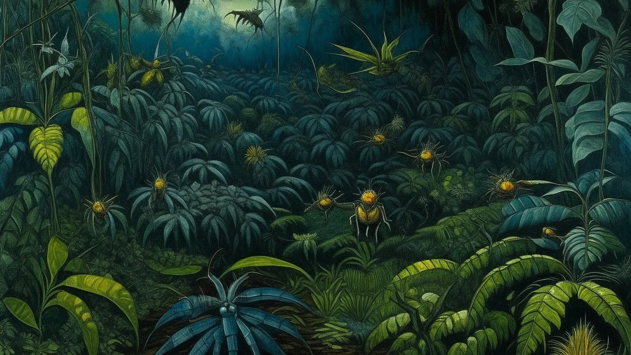 A blackish blue jungle filled with bugs painted by Vincent van Gogh