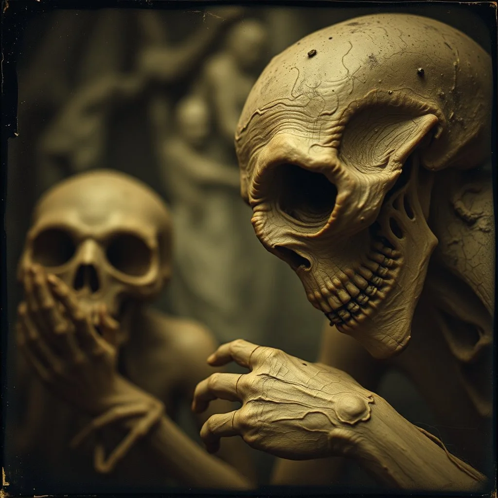 Daguerrotype close up of some mysterious figures, odd background, cinematic, Hieronymus Bosch, Max Ernst vegetal life, rotten, ambient light, cry