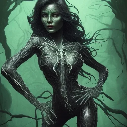 This spider woman is a formidable creature, with the body of a human woman and the head and legs of a spider. Her skin is covered in shimmering black scales, and her eyes glow a bright, otherworldly green. She is fast and agile, able to climb walls and ceilings with ease. She has venomous fangs and sharp claws, and she can spin webs of magical energy to ensnare her enemies. She is intelligent and cunning, and she is feared by all who encounter her in the realm of fantasy. She is often summoned b