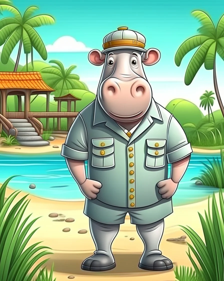 hippo as tourist guide wearing tourist guide uniform, safari landscapebackground, colorful, high quality, high details, realistic