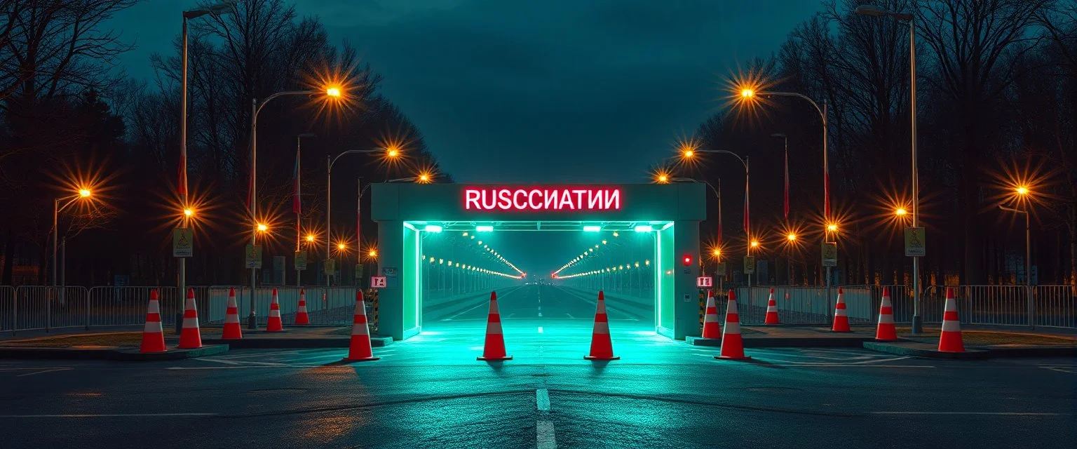 a realistic holographic Russian military checkpoint projected by the cones of street lights in front of utopia green world