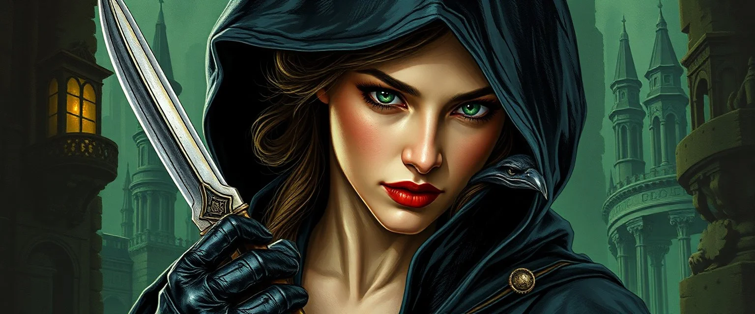pen outline and realistic airbrush, upper body portrait of clever crow vintage cloaked assassin thief quickling juggler weird pretty woman with Damascus steel sacrificial dagger in then elven magical green city of Forgotten Realms, myth drannor