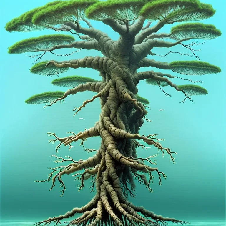 Watched a show about the Everglades, and found this fascinating. Birds exist on the top of tree, and fish in the roots. Bing prompt: a beautiful mangrove tree , with the root system under water in the Everglades, with fish and creatures living in the twisted roots, the image shows the bottom in water and the top has a red duckbill bird and a white heron living in the top of tree.