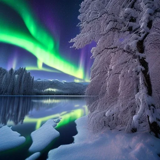 high-quality, fine-detail photography of beautiful, stunning, winter forest surrounding large reflective lake with vibrant, colorful northern lights filling sky, Norway, Iceland, 8k resolution, realistic, intricate, 3D, digital art, detailed matte, volumetric lighting, brian froud, howard lyon, selina french, annie stokes, lisa parker, greg rutowski