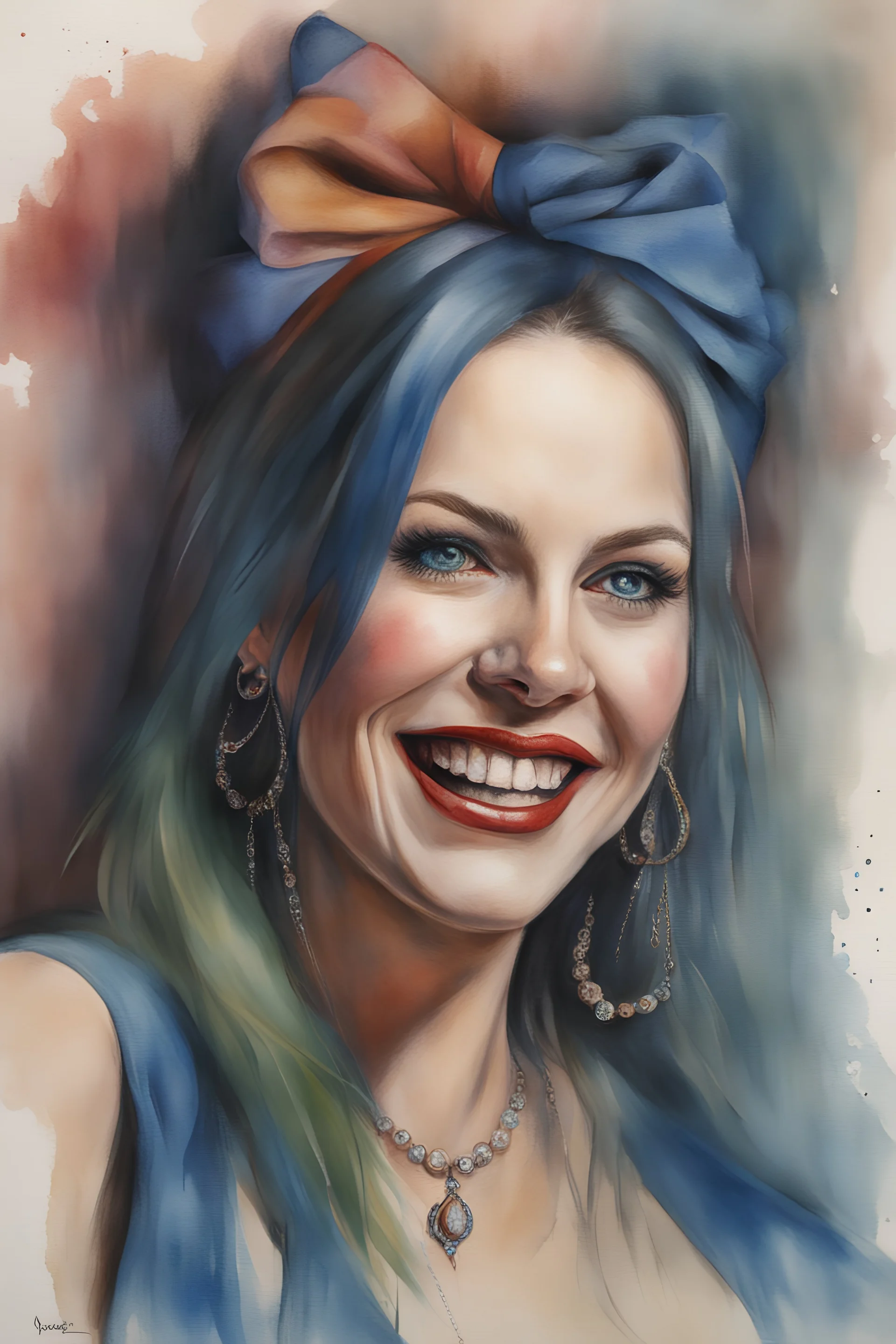 head and shoulders portrait, Charlotte the Motley Crue harlot - well-shaped, perfect figure, perfect face, laughing, a multicolored, watercolor stained, wall in the background, oil painting in the art style of Norman Rockwell, 4k, 8k, 32k UHD, Hyper realistic, extremely colorful, vibrant, photorealistic, realistic, sharp, highly detailed, professional quality, beautiful, awesome, majestic, superb, trending on artstation, pleasing, lovely, Cinematic, gorgeous, Real, Life like, Highly detailed,