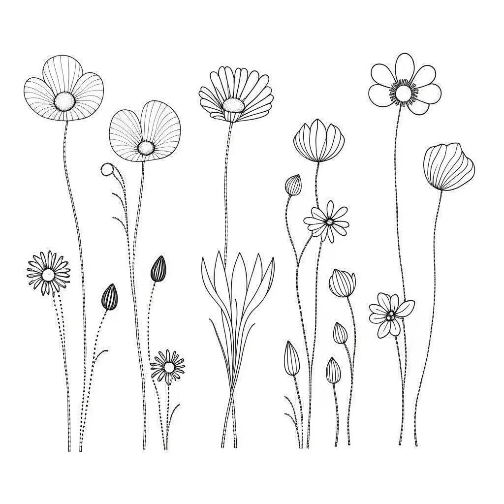 set of grow wind flower on the grace, SIMPLE ONE lineS art, white background, minimalis, different view, only white bakcground solid.