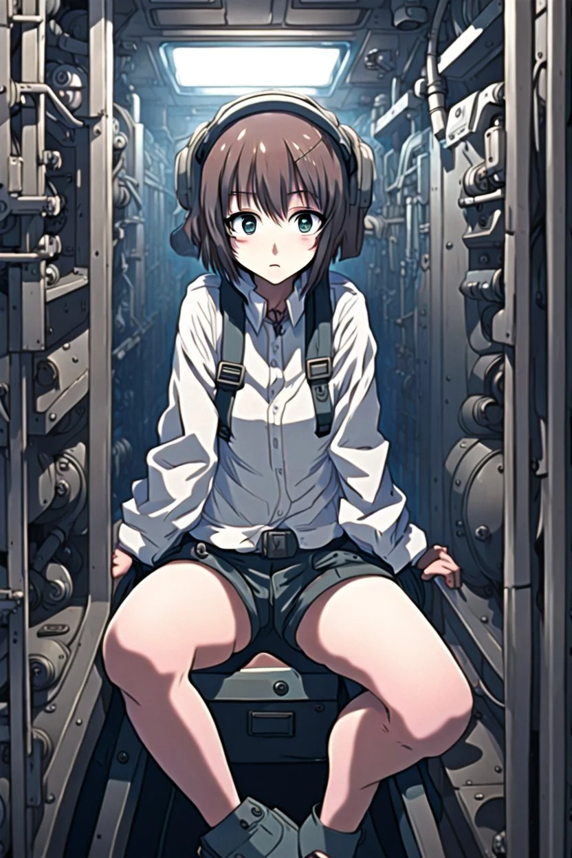 Anime girl crushed inside claustrophobic really, in diesel engin room of the ship,