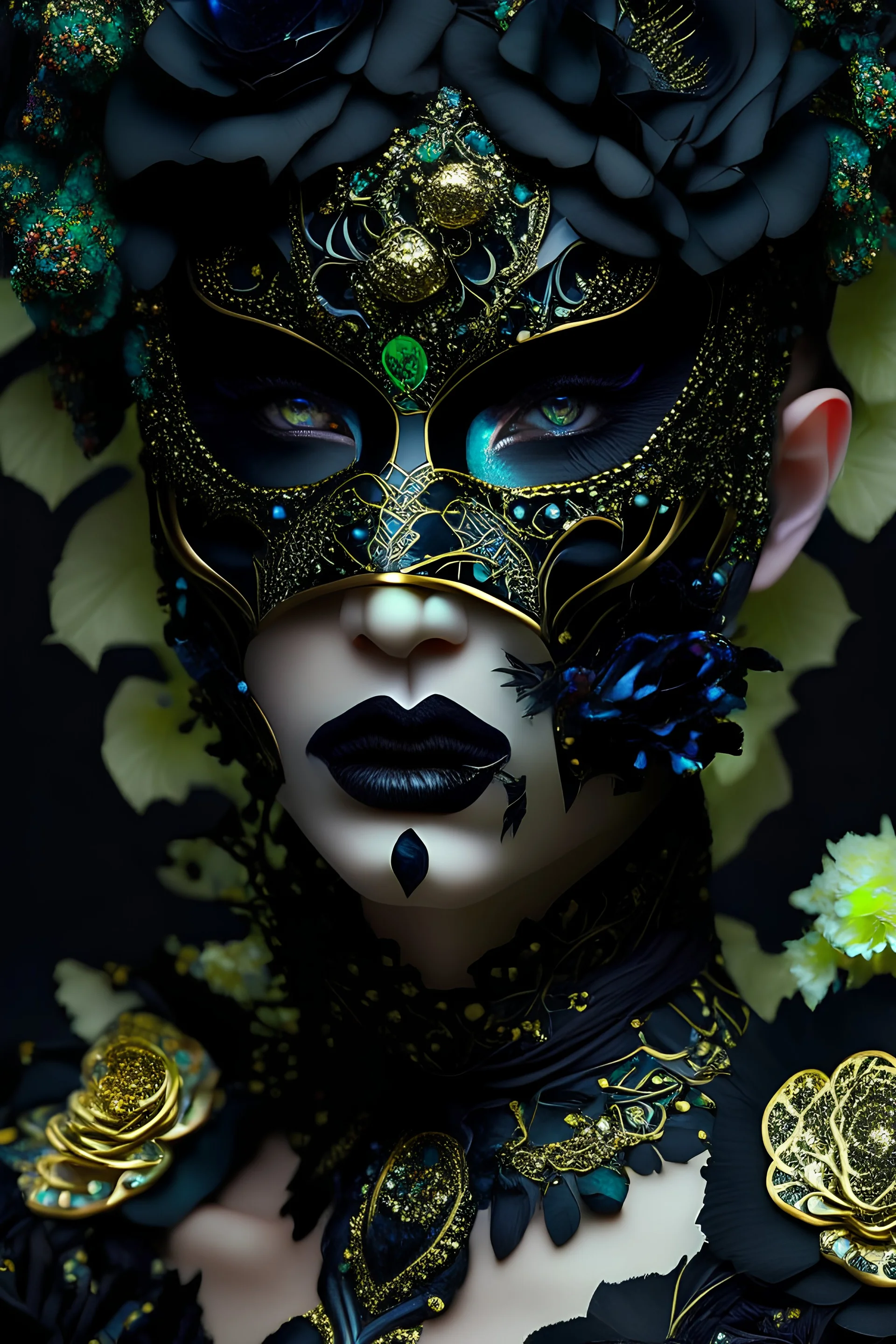 Beautiful faced young malachite ribbed face masque cyberpunk filigree decadent filippin woman, adorned with decadent black a rose deco punk and black iris,hydrangea floral yellow opal, black onix, obsidian rombus shape rmineral stone ribbed headress wearing black lace ribbed with white opal stone mineral and embossed floral costume dress, golden and white and black colour gradient Dusty makeup filigree organic bio spinal ribbed detail of gothica decadent dark cyberpunk shamanism