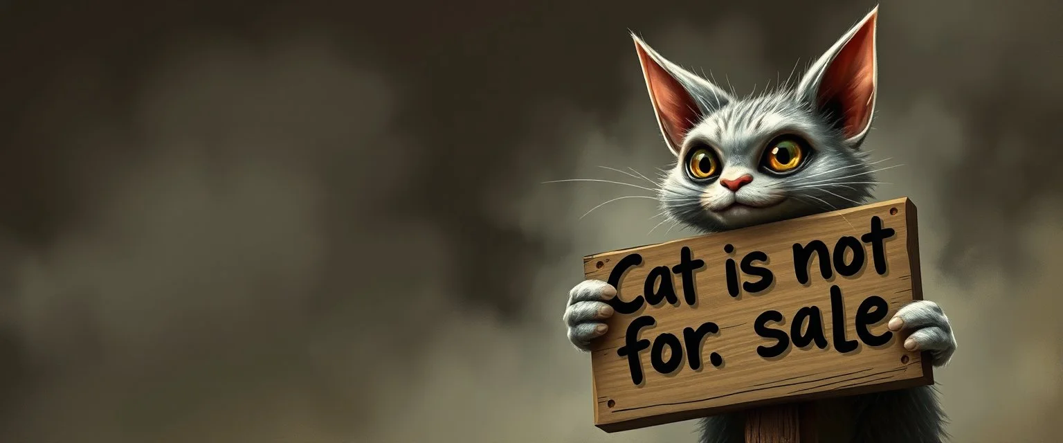 air brush 3d with pen outline, mongrel goblin gremlin looking at sign with big cute cat monster saying "Cat is not for sale" with blurred shadow outline, charcoal fog border