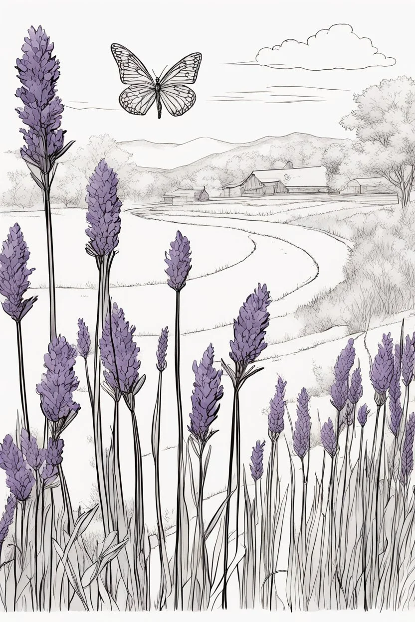 outline art of Lavender only black and white, no colour , White background. sketch style, clean line art, white background, no shadow and clear, no people, no colour, for book