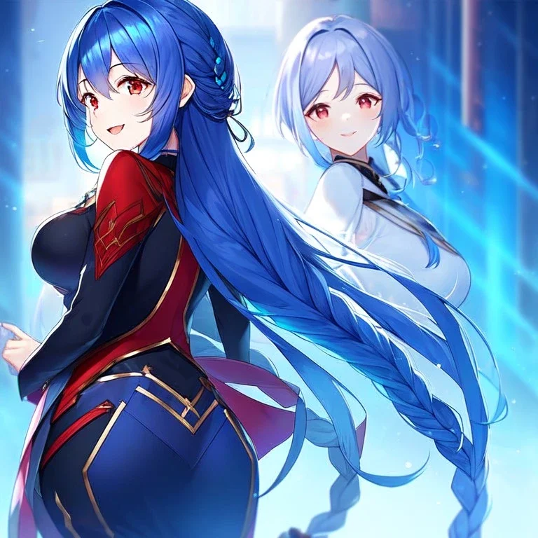 girl, masterpiece, best quality, volumetric lighting, detailed outfit, perfect eyes, blue hair, red eyes, long hair, laughing, braided ponytail, looking back,