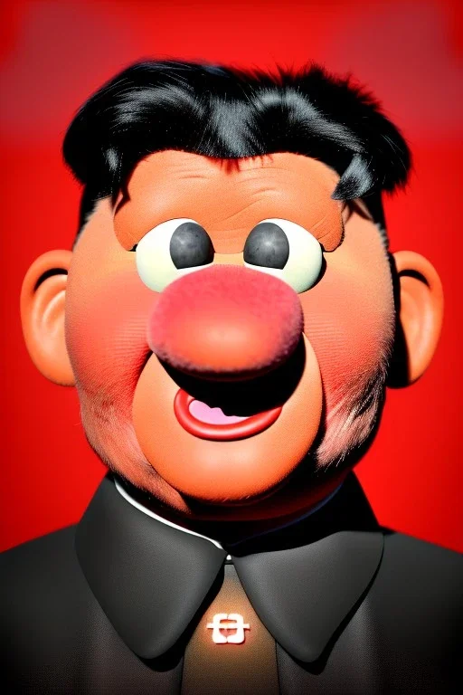 Waist up muppet Portrait, Kim Jong-un as muppet doll, black suit, photo studio, red background, unreal engine 5, concept art, art station, god lights, ray tracing, RTX, lumen lighting, ultra detail, volumetric lighting, 3d.