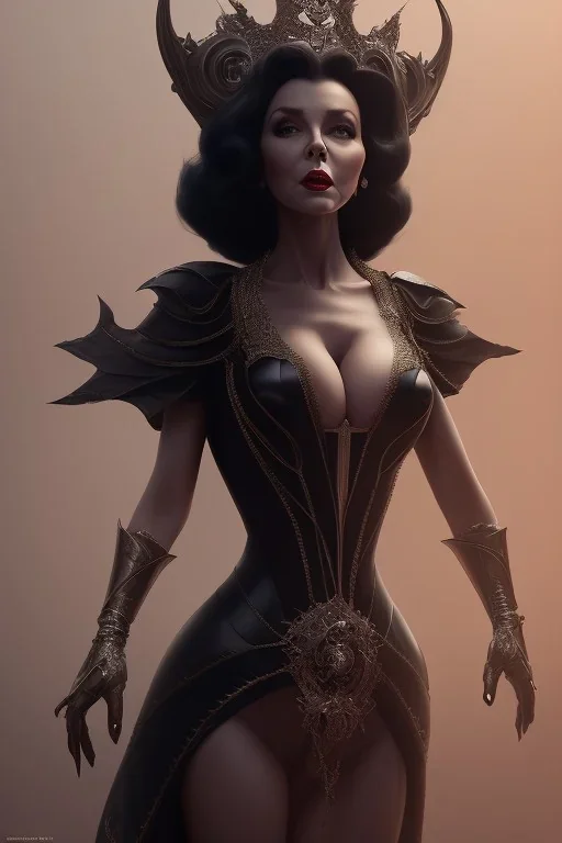 Joan Collins as evil queen in black leather, leather, busty, cleavage, angry, stern look. character design by cory loftis, fenghua zhong, ryohei hase, ismail inceoglu and ruan jia. unreal engine 5, artistic lighting, highly detailed, photorealistic, fantasy