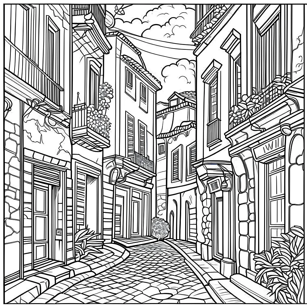 outline art for Old italy street for adults with Old italy street , white background, Sketch styl, only use outline. clean line art, no shadows and clear and well outlined, Intricate Patterns and Details