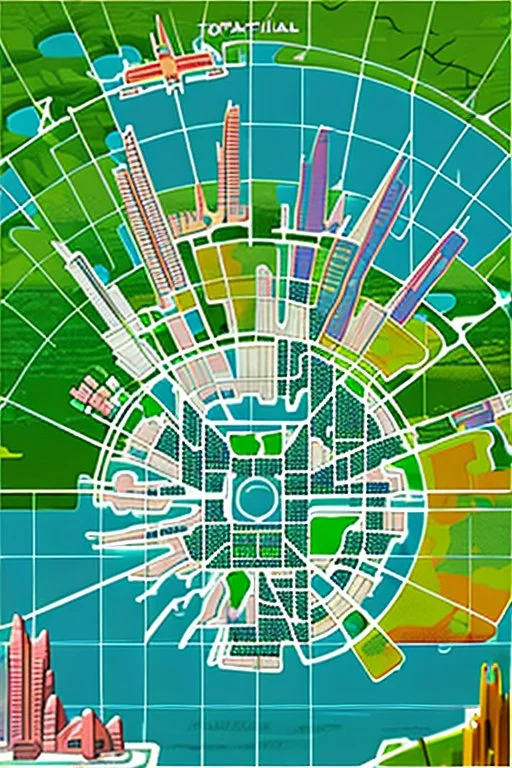 high detail map of an entire tropical dystopian small capital city