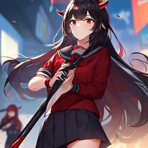 Clear focus,High resolution, Black long hair, Red eyes, Red horns, Wearing a black and red sailor uniform, Swinging a baseball bat