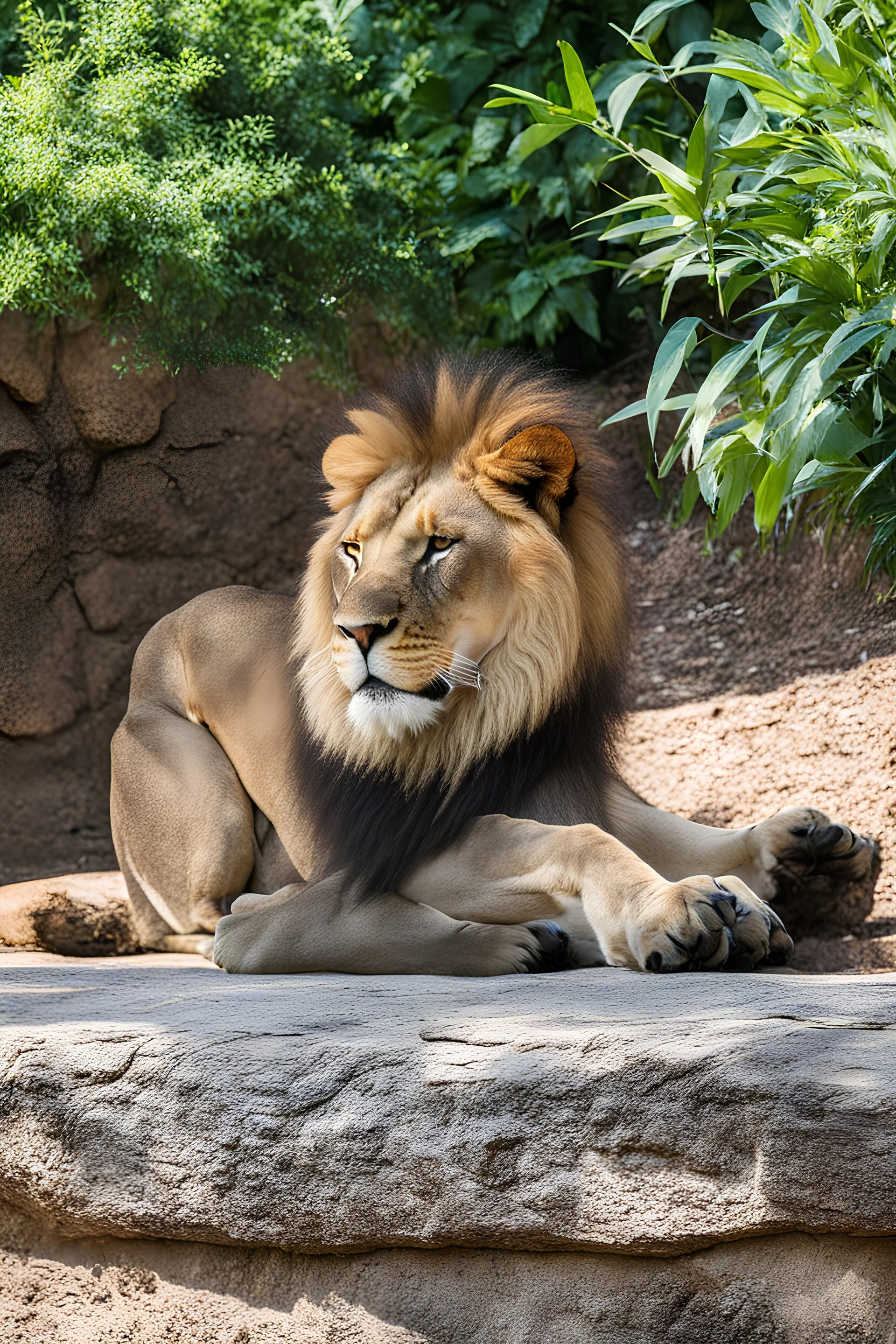 A relaxed lion lounging in the shade, showing a calm demeanor.