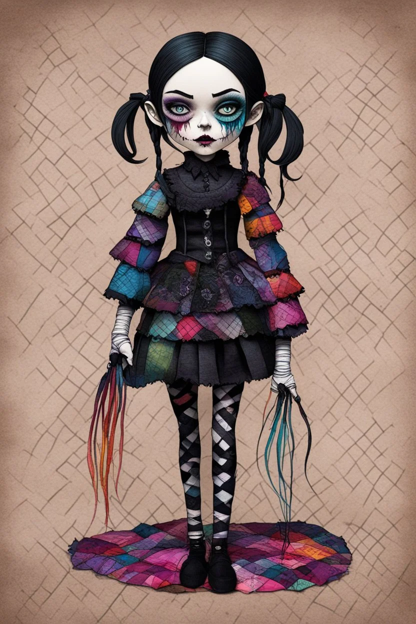 full color, full body illustration of a dark menacing Victorian goth vampire girl, ala Wednesday Addams, as a crude homemade patchwork cloth doll toy, with contrast stitching across her patchwork face, hair made from ragged strips of multicolored cloth, art in the style of Alex Pardee