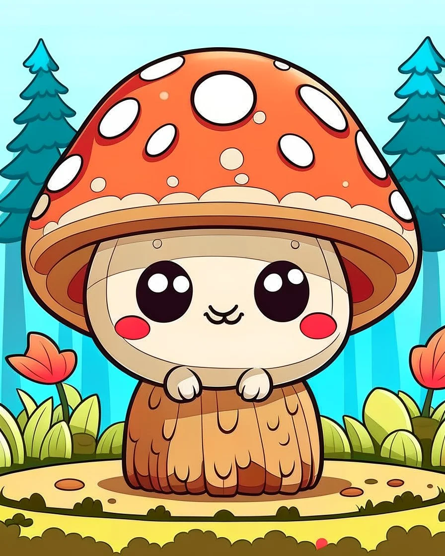 A cute kawaii mushroom is sitting on a tree stump in the forest, It has big, glassy eyes that are sad and full of sorrow, Its body is brown, and its hat is white with black dots, The background is a forest with trees, bushes, and flowers, Use bright and vibrant colors to create a fun and cute effect, Add simple patterns and shapes to create an easy-to-color image,Use cute and creative details to add personality