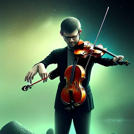 violin against pitch black background, fantasy art, spray paint