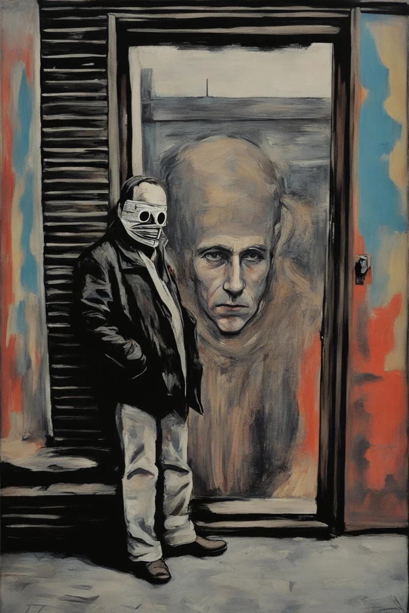 realism, street, russian depression, music album, from the window, depression, russian 90, post punk, man with old god mask, poster