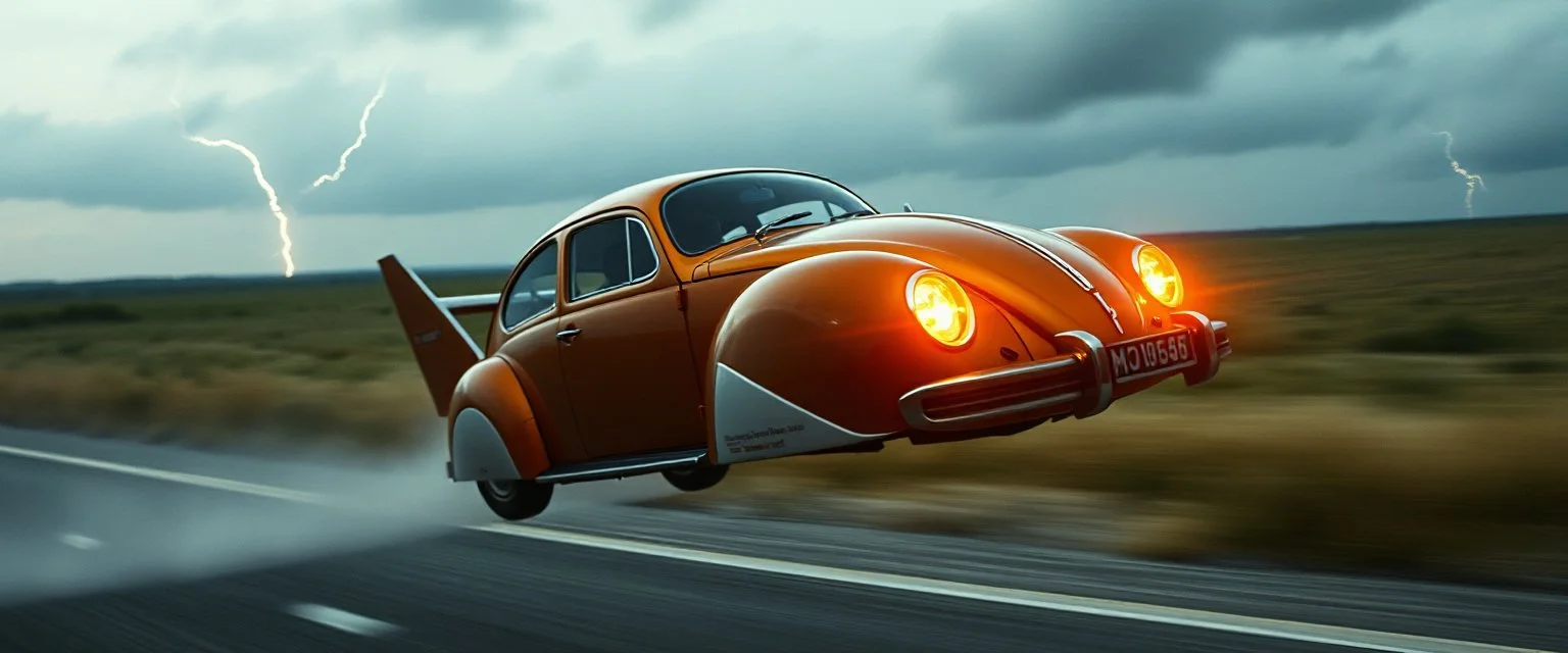 a high definition screen shot of a jet-fighter vw-beetle, retrofuturistic, phototrealism, in flight, one subject, thunderstorm