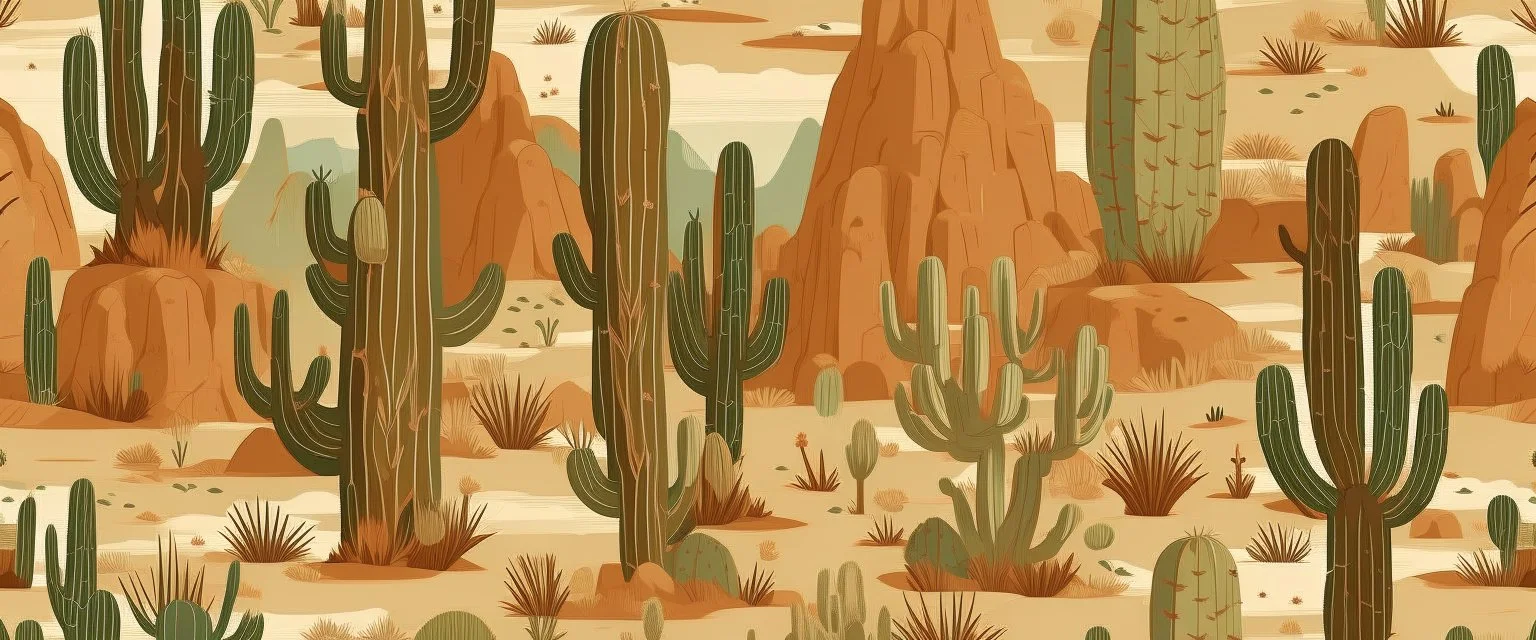 A tan desert with cactuses designed in cave paintings