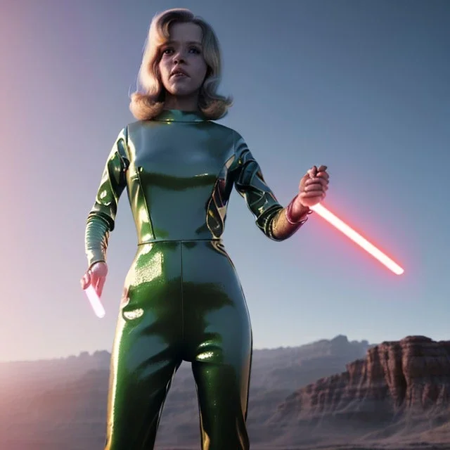 Ultra Realistic retro sci-fi portrait image from 1960, spaceship, sweet young Jane Fonda, dress with tight latex suit, lightsaber fighting stance, soft color, highly detailed, unreal engine 5, ray tracing, RTX, lumen lighting, ultra detail, volumetric lighting, 3d, finely drawn, high definition, high resolution.