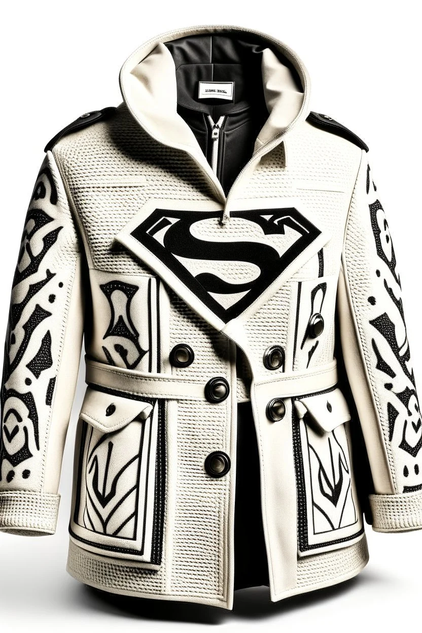 Men's Superman's Balenciaga Winter Trenchcoat elegant inspired by Superman's Big emblem design beige tones with dual color on a white background, product catalog photography, soft spot lighting, depth of field, 4k –ar 3:5 –q 2