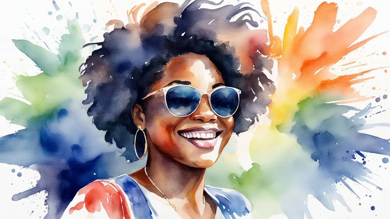 Watercolor happy american black woman sunglasses portrait head and shoulders