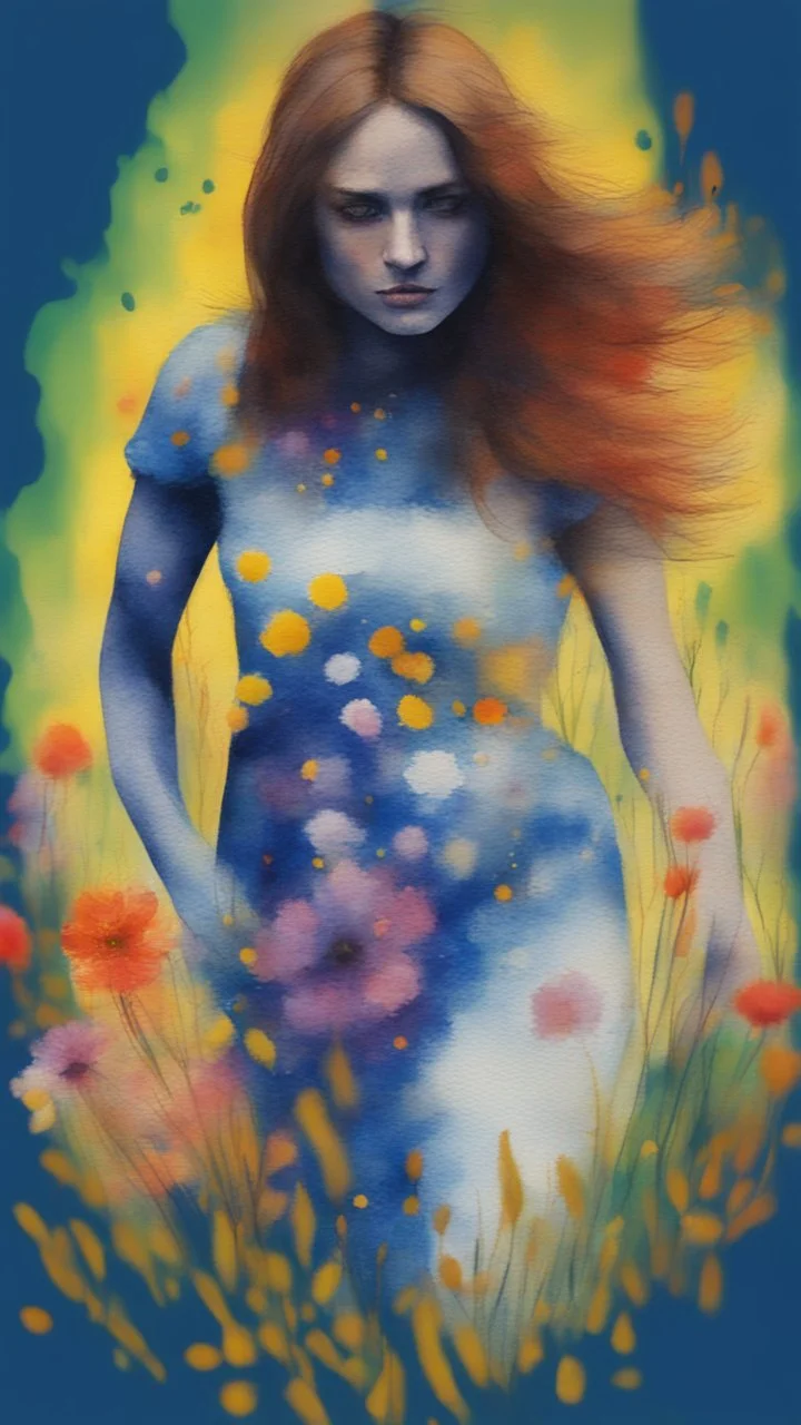 a smear . Field of wild a colorful flowers watercolor drawing on a blue splash colors background